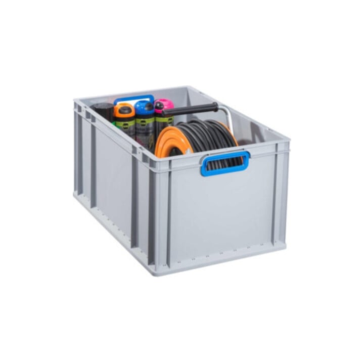 Conteneur de transport gerbable L600xl400xH320mm gris PP poignée ouverte bleu pa