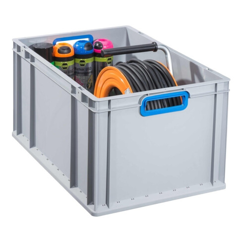 Conteneur de transport gerbable L600xl400xH320mm gris PP poignée ouverte bleu pa