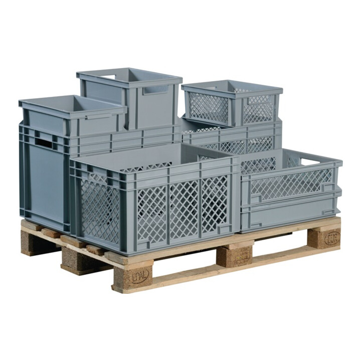 Conteneur de transport gerbable L600xl400xH420mm gris PP poignée traversante par