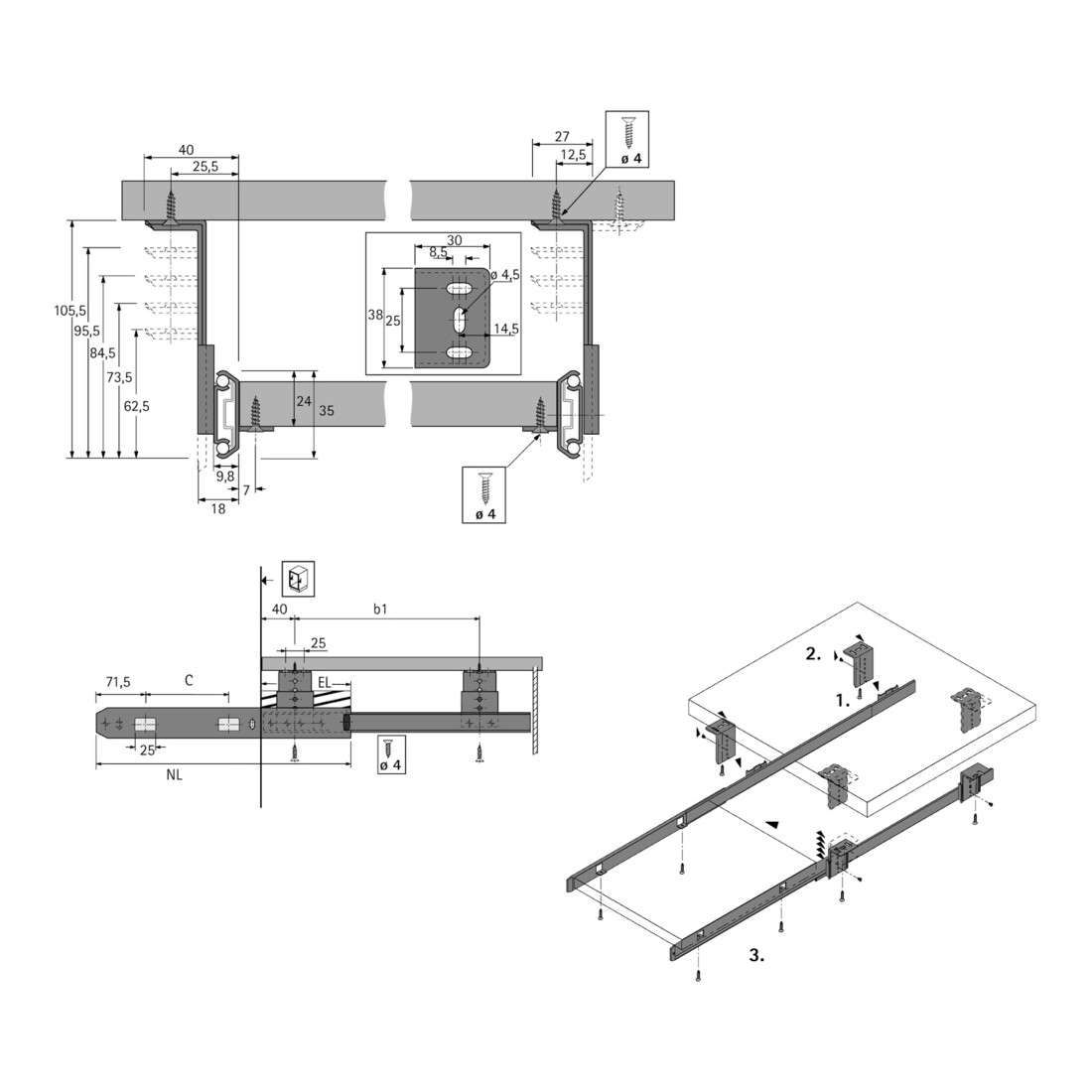 Coulisse à billes Hettich KA 3434, capacité de charge 20 kg, 400 mm