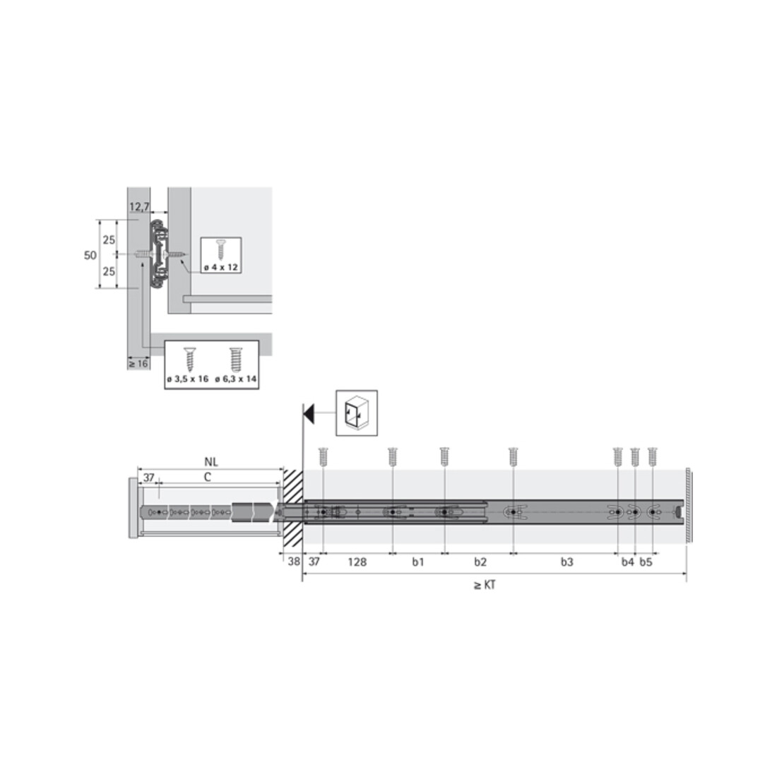 Coulisse à billes Hettich KA 4932, largeur de montage 12,7 mm