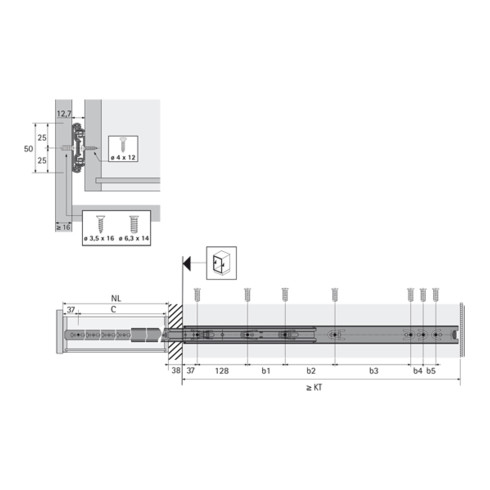 Coulisse à billes Hettich KA 4932, largeur de montage 12,7 mm