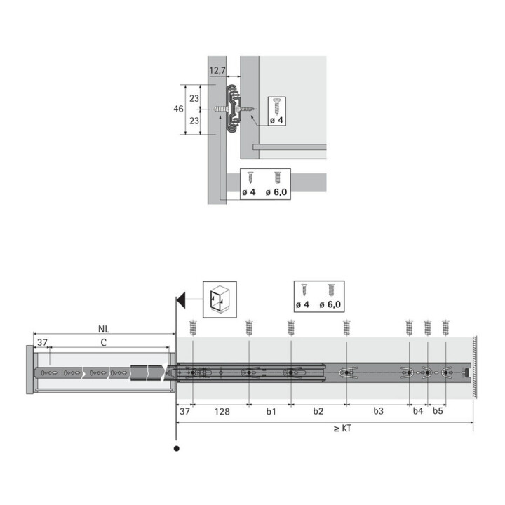 Coulisse à billes KA 5632, montage latéral, dimensions (H x l) 46 x 12,7 mm, 250 mm, bleu chromaté, zingué