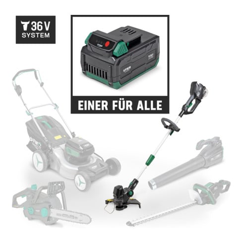 Coupe-bordures sans fil STIER SRT-75 + batterie 36 V 2,5 Ah + chargeur rapide 36 V 3 A + batterie gratuite