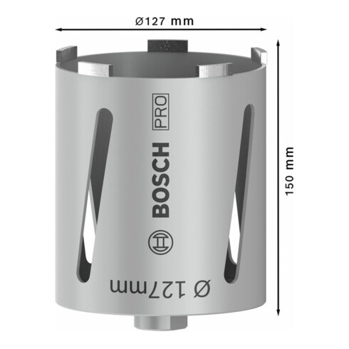 Couronne de forage à sec diamantée G 1/2" 127 mm, 150 mm, 6 segments, 7 mm