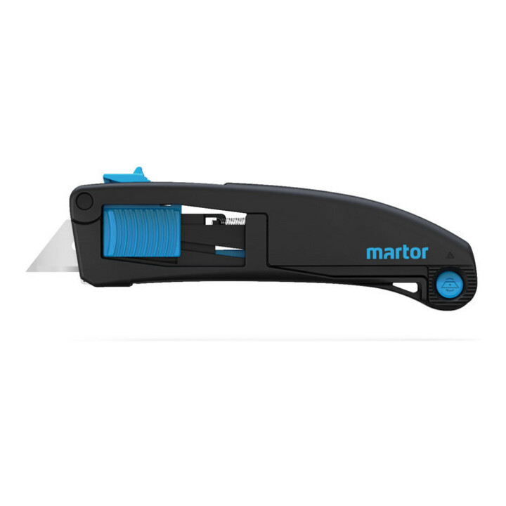 Couteau de sécurité Martor Secupro Maxisafe avec lame trapézoïdale et glissière sur trois côtés
