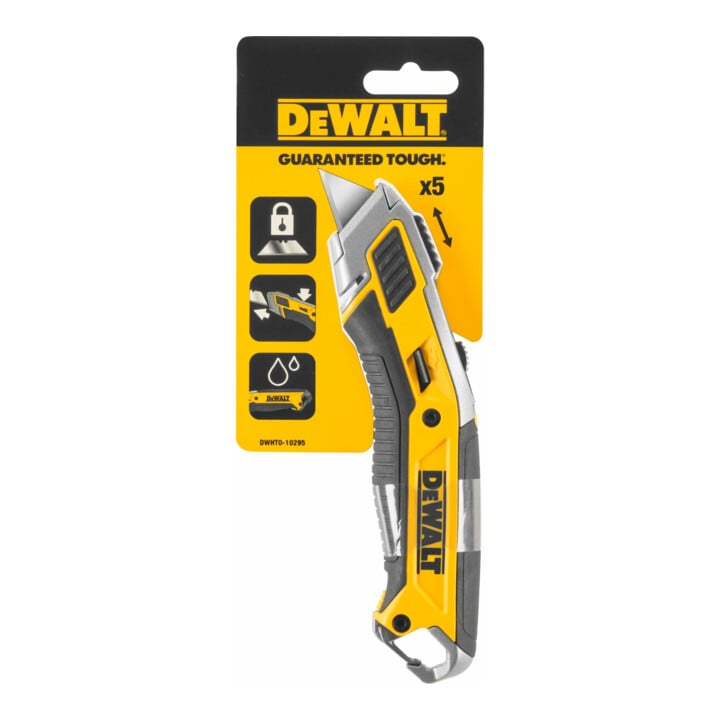 Couteau de travail à lame rétractable DEWALT, repose-pouce caoutchouté, rangement de la lame résistant aux intempéries DWHT0-10295