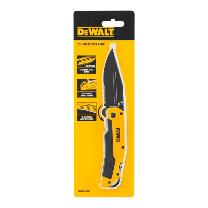 Couteau pliant DEWALT 82mm avec boîtier robuste en aluminium et lames à dénuder intégrées DWHT0-10313