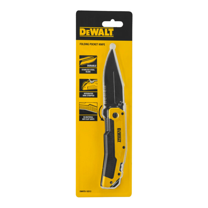 Couteau pliant DEWALT 82mm avec boîtier robuste en aluminium et lames à dénuder intégrées DWHT0-10313