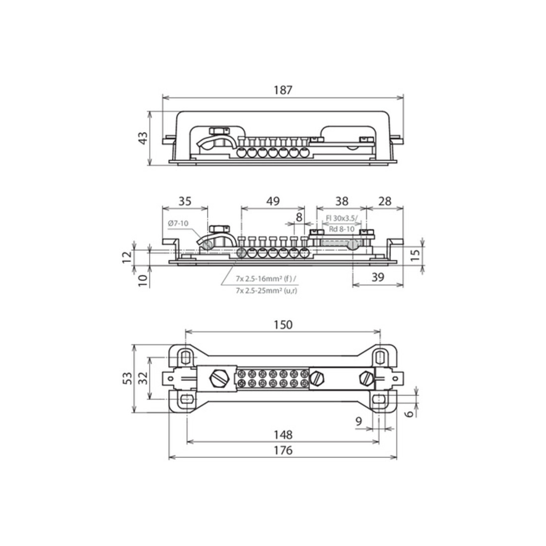 DEHN Barre d'égalisation de potentiel 7x2,5-16 Fl 30x3,5 PAS 9AK