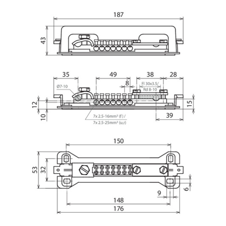 DEHN Potentialausgleichschiene 7x2,5-16 Fl 30x3,5 PAS 9AK
