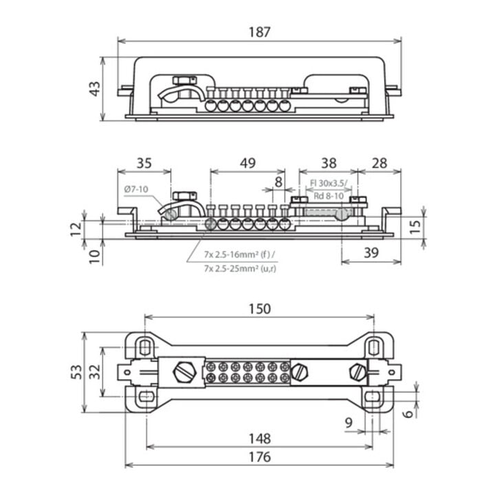 DEHN Potentialausgleichschiene 7x2,5-16 Fl 30x3,5 PAS 9AK