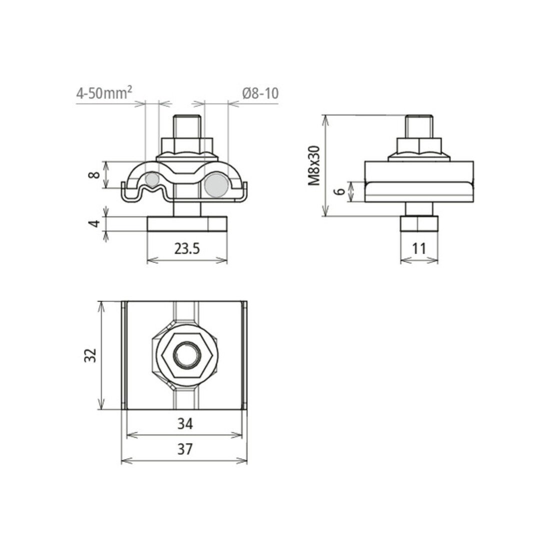 DEHN Uni-Erdungsklemme M8 Rd8-10mm+4-50qmm UEK810AQ450HKSM8V2A