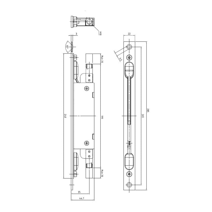 DENI Kantriegel 9220,mit Klapphebel D35mm, 22x285mm kantig,Stahl