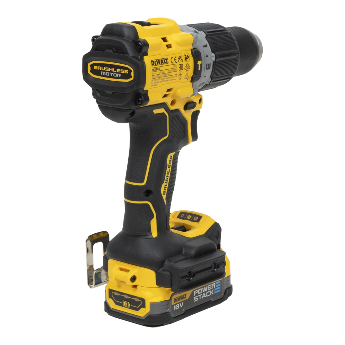 DEWALT 18V XR Akku-Schlagbohrschrauber (bürstenlos) inkl. 2x Powerstack Akku (18 Volt / 1,7 Ah) mit Pouch-Akku Technologie DCD805E2T-QW