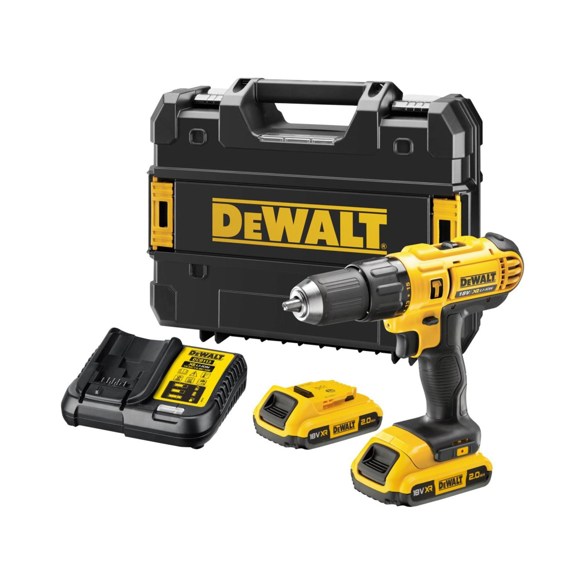 DEWALT Akku-Bohrschrauber 18 V, bürstenlos, mit 2 Akkus 1,5 Ah, inkl. Zubehörset 39-tlg.