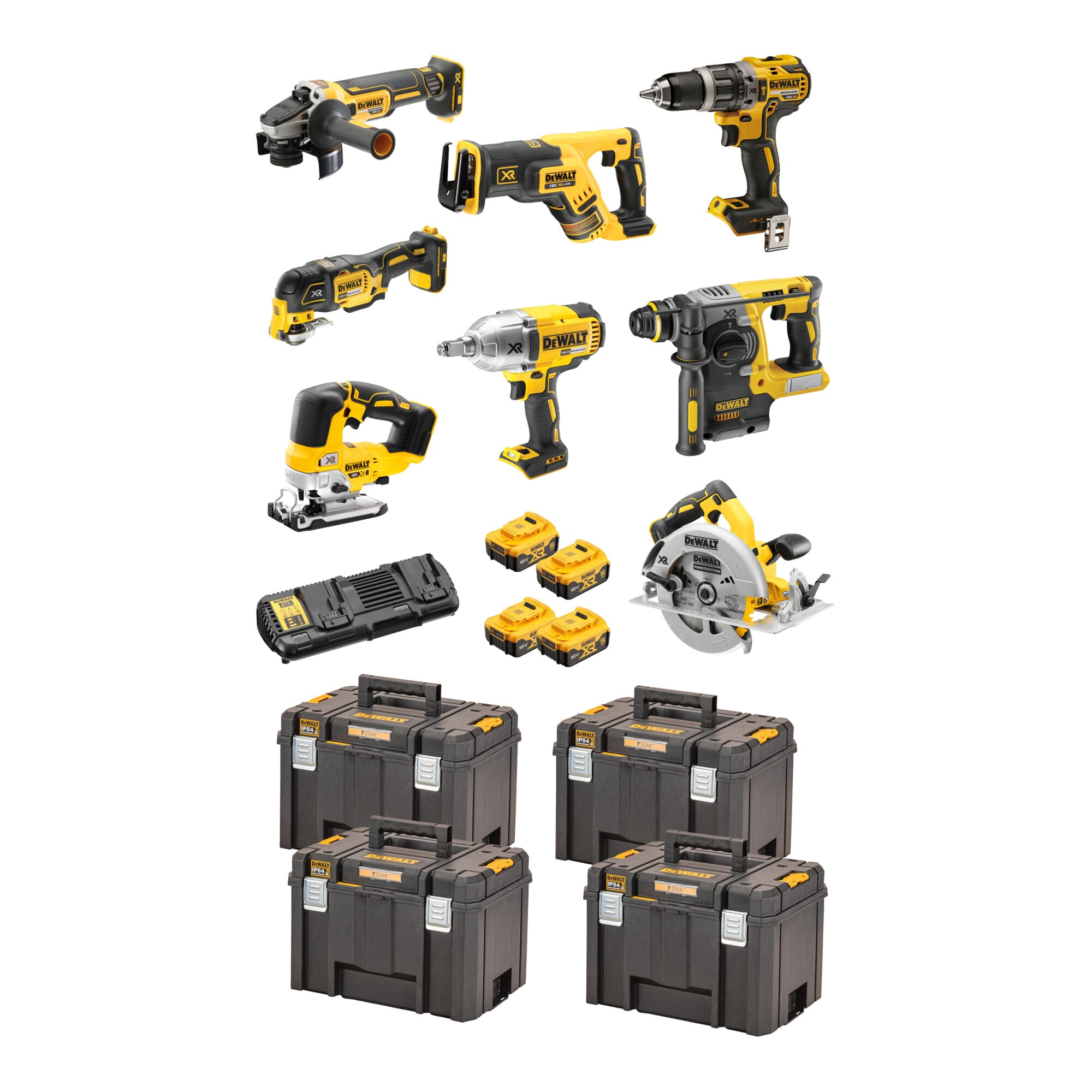 DeWalt DCK865P4T-QW Akku-Schlagbohrschrauber-Set 18V /5 Ah (BL) DCD796 / DCF899 HN / DCH273 / DCG405 / DCS367 / DCS355 / DCS570 / DCS334 / DCB184 in