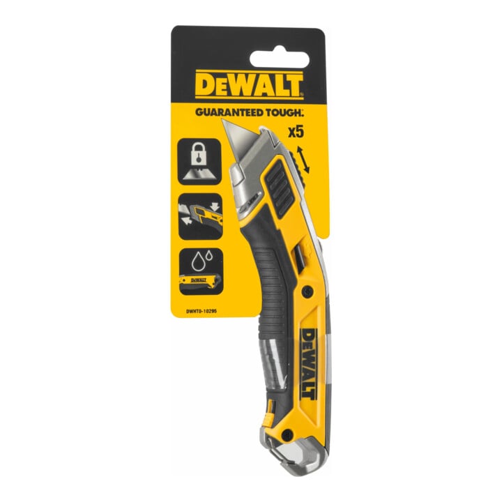 DEWALT Arbeitsmesser mit einziehbarer Klinge, gummierte Daumenauflage, wetterfeste Klingenaufbewahrung DWHT0-10295