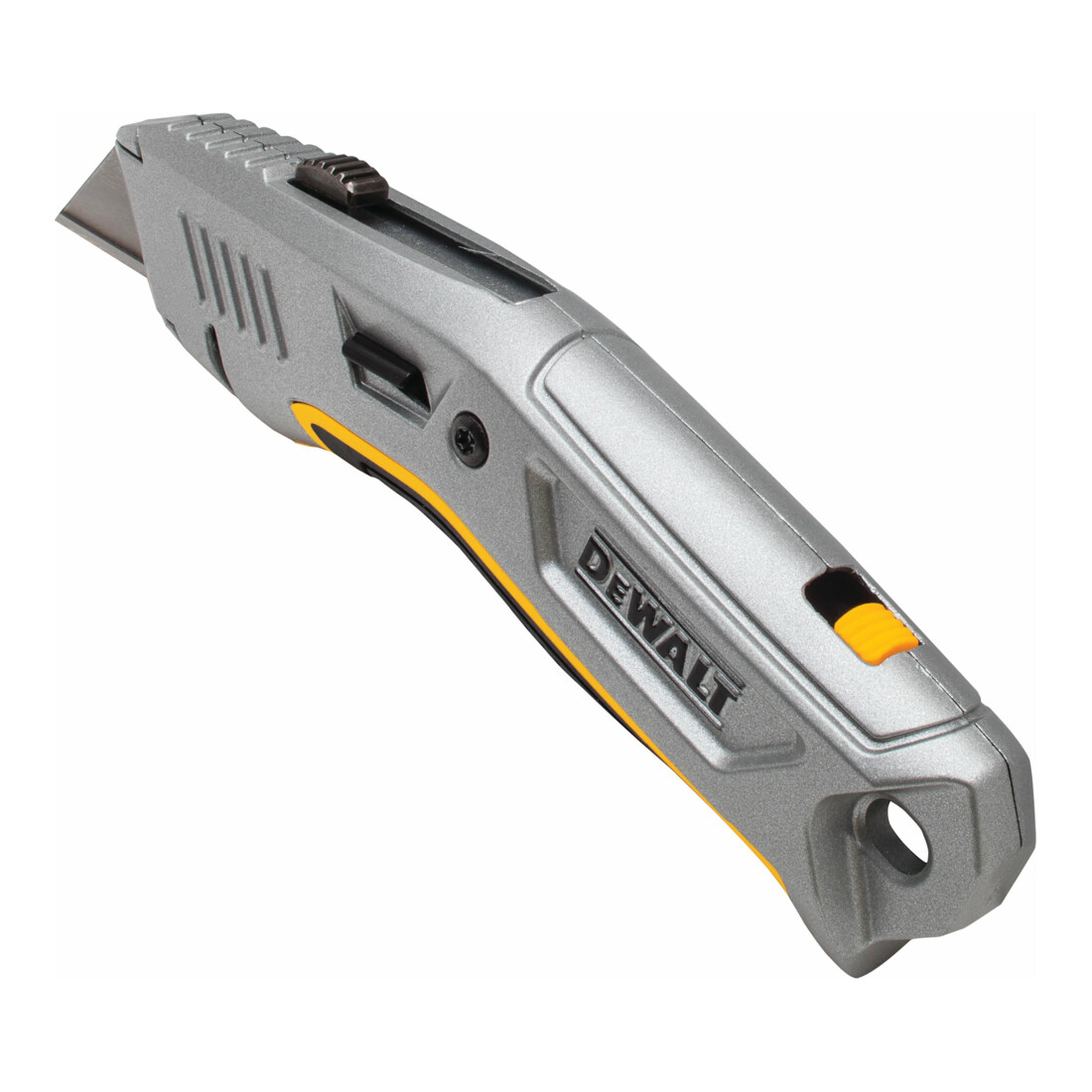 DEWALT Arbeitsmesser mit einziehbarer Klinge, Vollmetallgehäuse inkl. 5 induktionsgehärteten Ersatzklingen DWHT10319-0