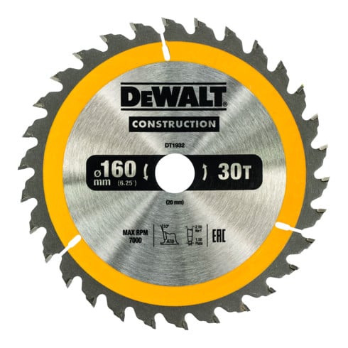 DEWALT cirkelzaagblad handcirkelzaag 160/20 mm 30WZ DT1932-QZ