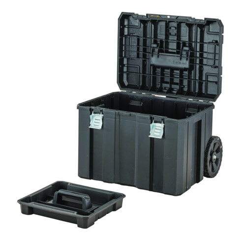 DEWALT TSTAK verrijdbare box met groot volume, IP54-bescherming, telescopische handgreep en zwaarlastwielen.