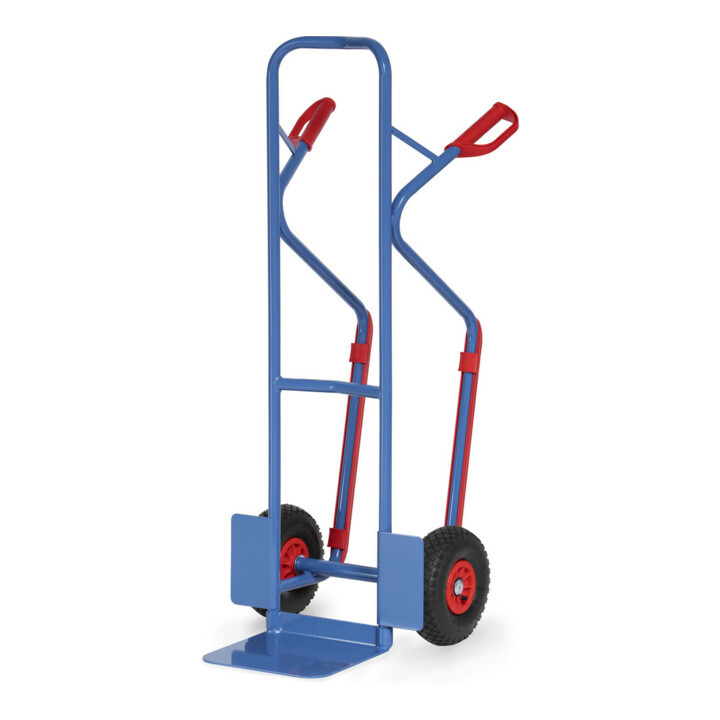 Diable en tube d'acier fetra hauteur 1300mm, plateau 250x320mm, roues gonflables, charge max. 300kg, bleu