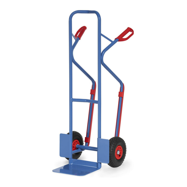 Diable en tube d'acier fetra hauteur 1300mm, plateau 250x320mm, roues gonflables, charge max. 300kg, bleu