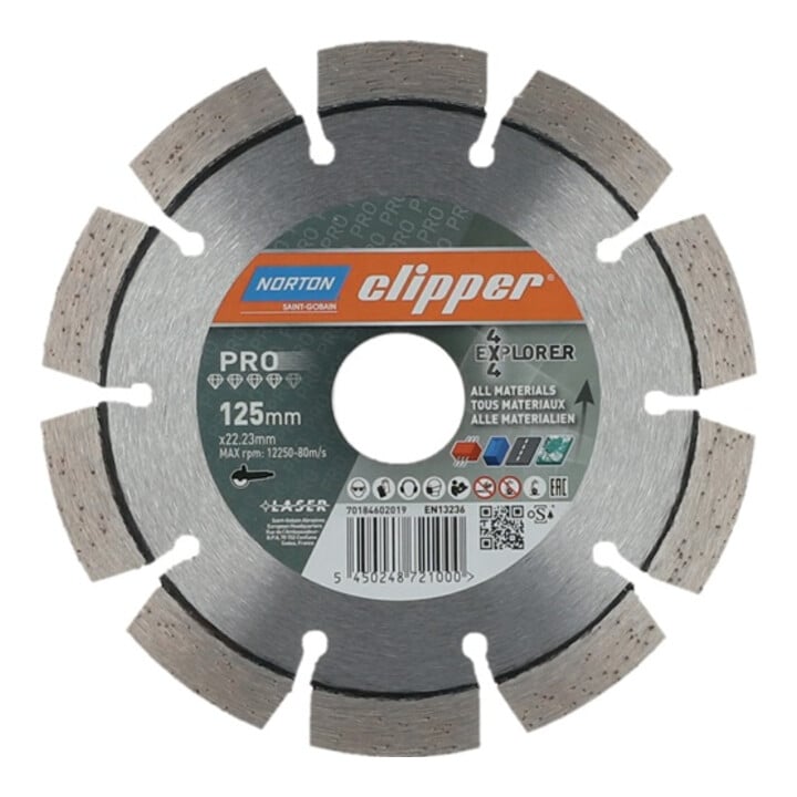 Diamanttrennscheibe 4x4 Explorer D.125mm Bohr.22,23mm 2,2mm 10mm NORTON CLIPPER