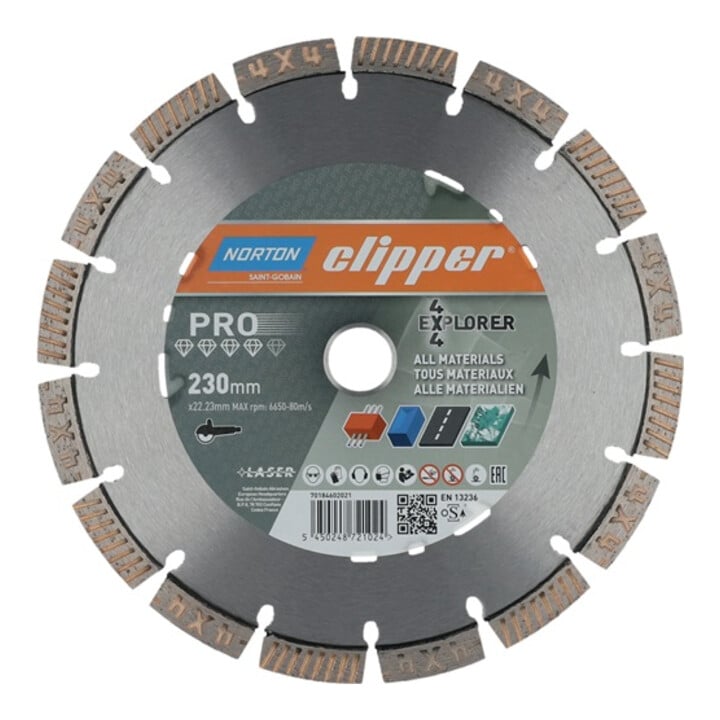 Diamanttrennscheibe 4x4 Explorer D.230mm Bohr.22,23mm 2,5mm 12mm NORTON CLIPPER