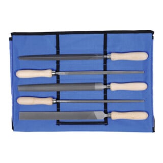Dick Jeu de limes universelles 5 pièces, dans une trousse taille 2, avec manche en bois, Longueur sans queue: 250 mm