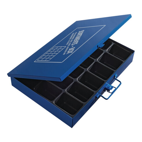 Dinzl Sortimentskasten 18Fächer Blech B340xT240xH50mm blau Schaumstoffpresspolster