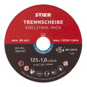 STIER Disco per troncatura flessibile 125 x 1,0 x 22,23 mm diritto inox / acciaio legato