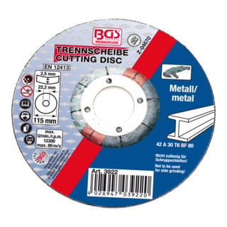 Disque à couper pour métal Ø 115 x 2,5 x 22,2 mm type 42 BGS