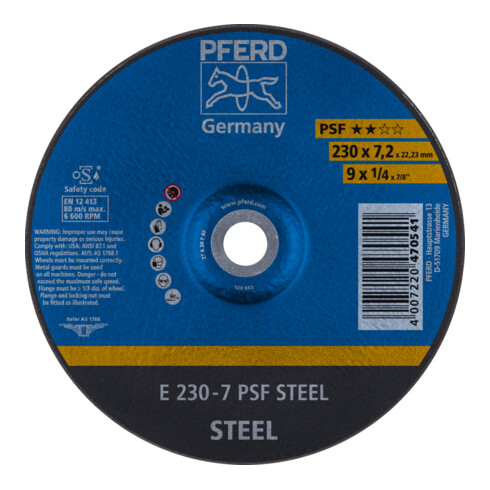 Disque à ébarber PSF STEEL D230xS7,2mm contrecoudé acier perçage 22,23 mm PFERD
