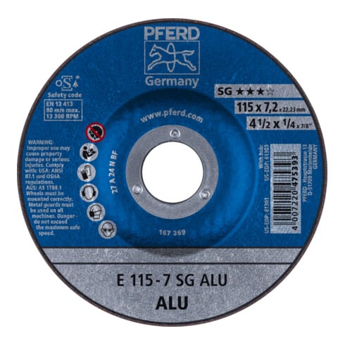 Disque à ébarber SG ALU D115xS7,2mm contrecoudé aluminium perçage 22,23 mm PFERD