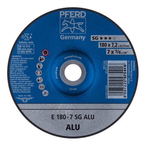 Disque à ébarber SG ALU D180xS7,2mm contrecoudé aluminium perçage 22,23 mm PFERD