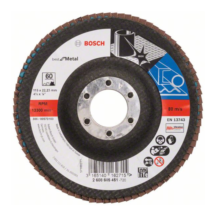 Disque à lamelles Bosch X571, pour métal, coudé, 115 x 22,23 mm, 60, verre
