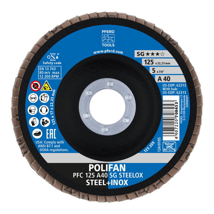 Disque à lamelles POLIFAN® A SG STEELOX D. 125 mm granul. A-40 conique acier/boi