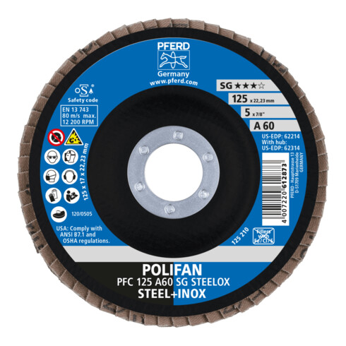 Disque à lamelles POLIFAN® A SG STEELOX D. 125 mm granul. A-60 conique acier/boi