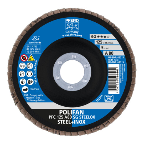 Disque à lamelles POLIFAN® A SG STEELOX D. 125 mm granul. A-80 conique acier/boi