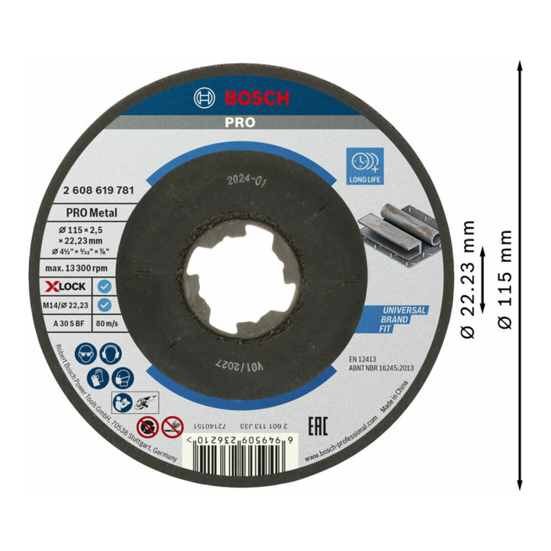 Disque à tronçonner à moyeu déporté Standard for Metal X-Lock Bosch, diamètre 115 mm