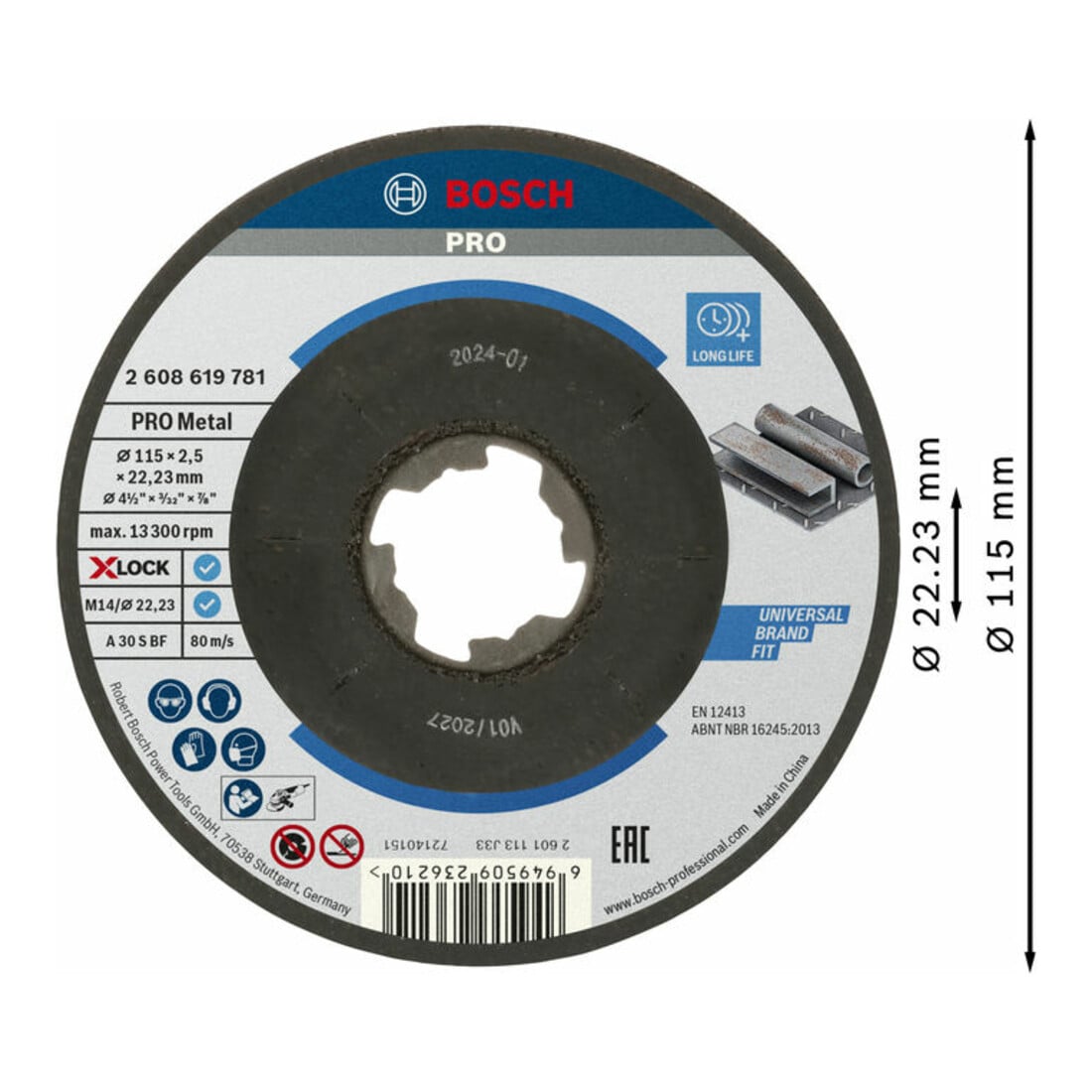 Disque à tronçonner à moyeu déporté Standard for Metal X-Lock Bosch, diamètre 115 mm