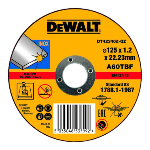 Disque à tronçonner DEWALT acier inoxydable plat 125x1,2 mm DT42340Z-QZ-QZ