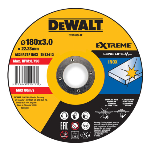 Disque à tronçonner DEWALT EXTREME 180x3x22,23mm Inox type 42 (coudé) DX7967S-AE