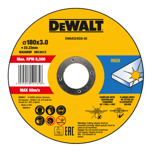 Disque à tronçonner DEWALT haute performance 180x3x22,23mm Inox type 42 (coudé) DWA4524SIA-AE