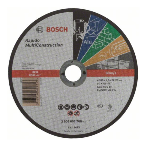 Disque à tronçonner droit Bosch Rapido Multi Construction ACS 46 V BF 180 mm 1,6 mm 1,6 mm