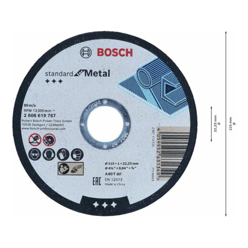 Disque à tronçonner droit Bosch, Standard for Metal 115 mm, 22.23 mm.
