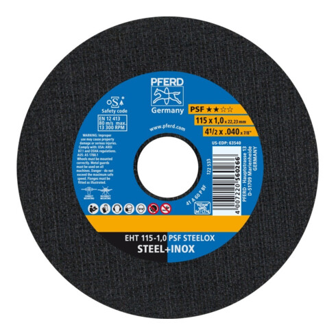 Disque à tronçonner PFERD EHT 115-1,0 PSF STEELOX acier inoxydable droit