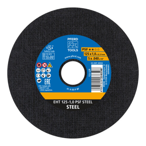 Disque à tronçonner PFERD PSF STEEL D125x1mm droite acier perçage 22,23 mm