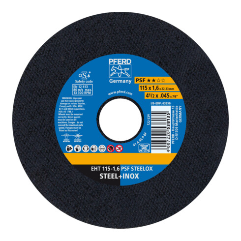 Disque à tronçonner PFERD EHT 115-1,0 PSF STEELOX acier inoxydable droit